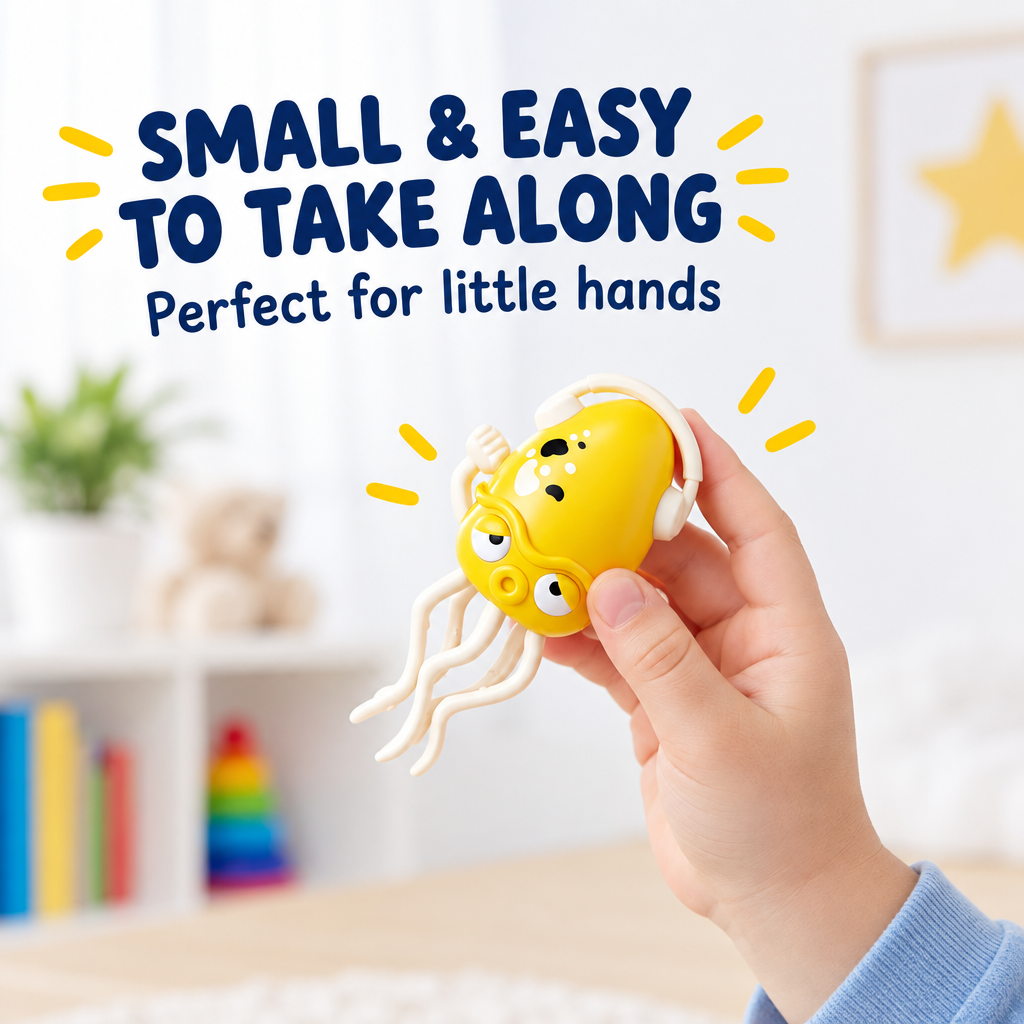 Child hand holding compact dancing octopus toy