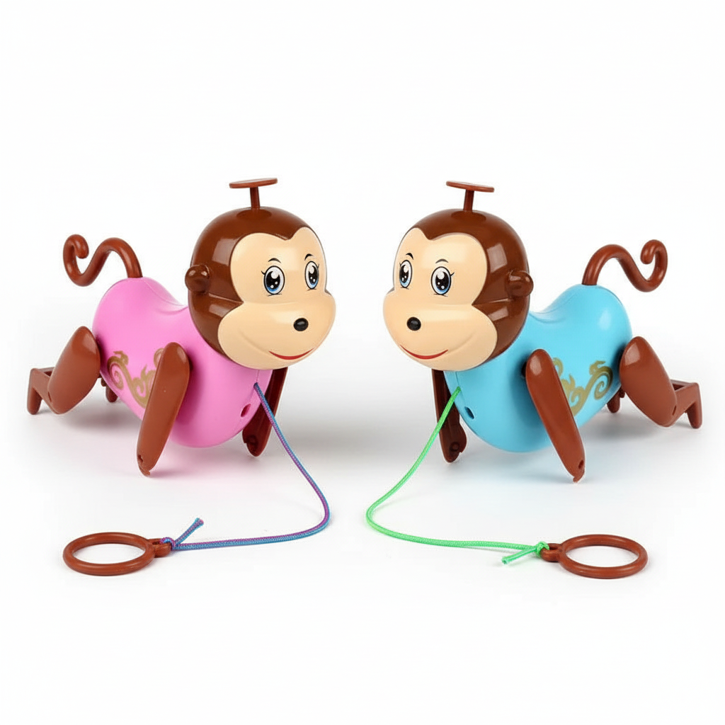 Toddler pull-along monkey toy with easy-to-hold ring and string