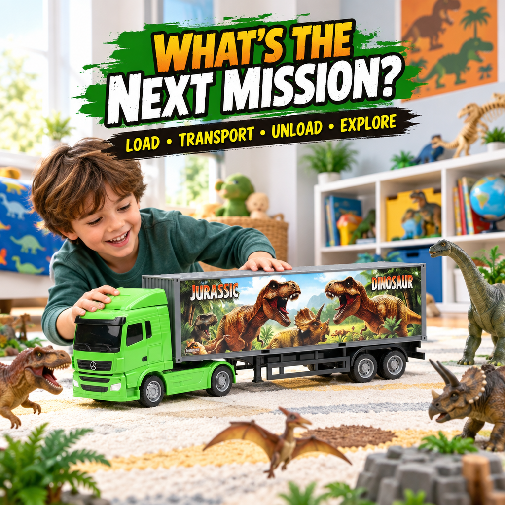 Child playing with dinosaur container truck toy