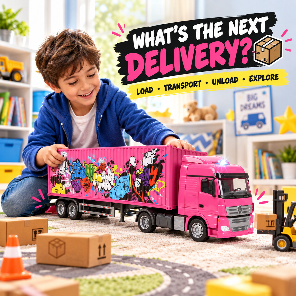 Child playing with pink container truck toy