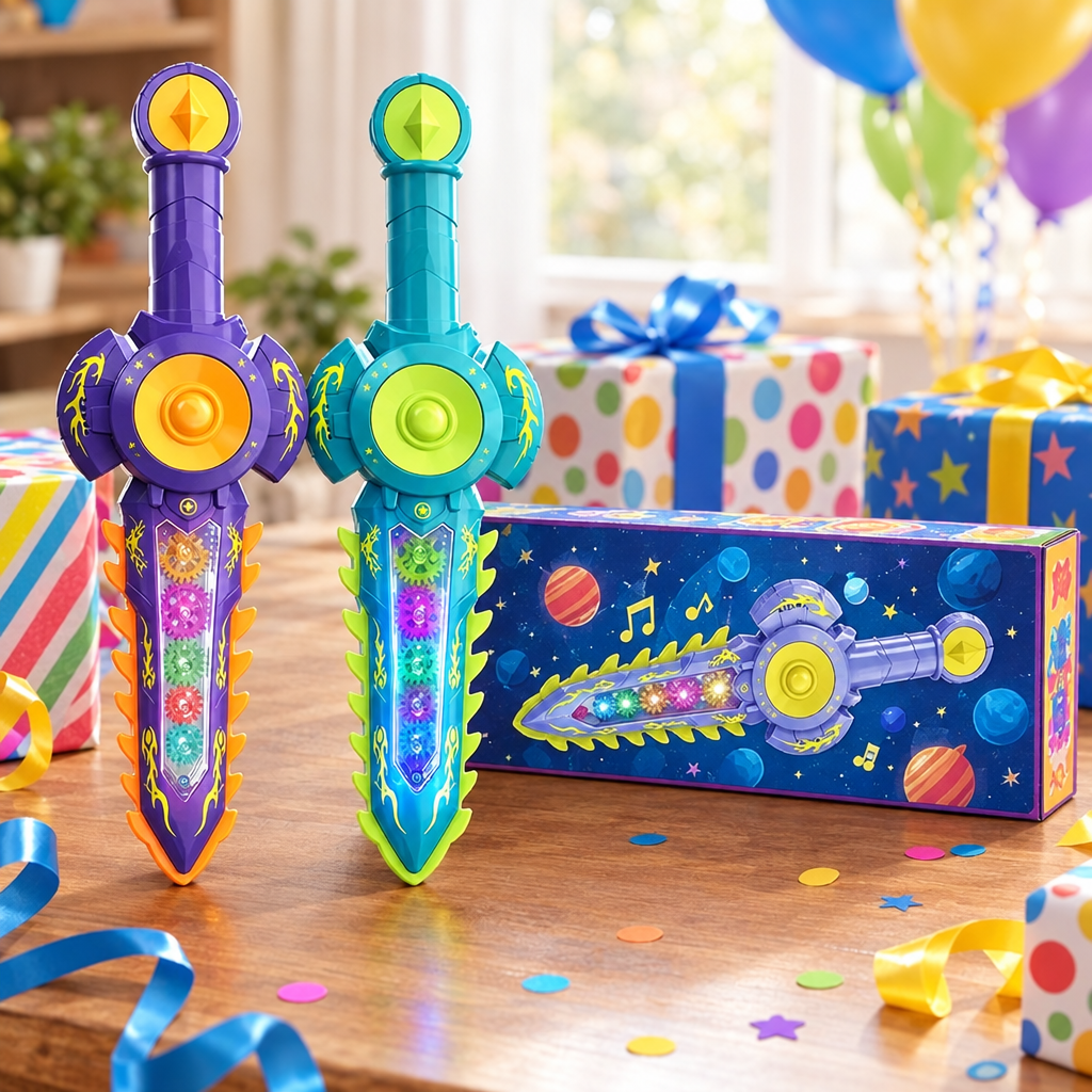 Two children playing together with colourful light-up toy swords