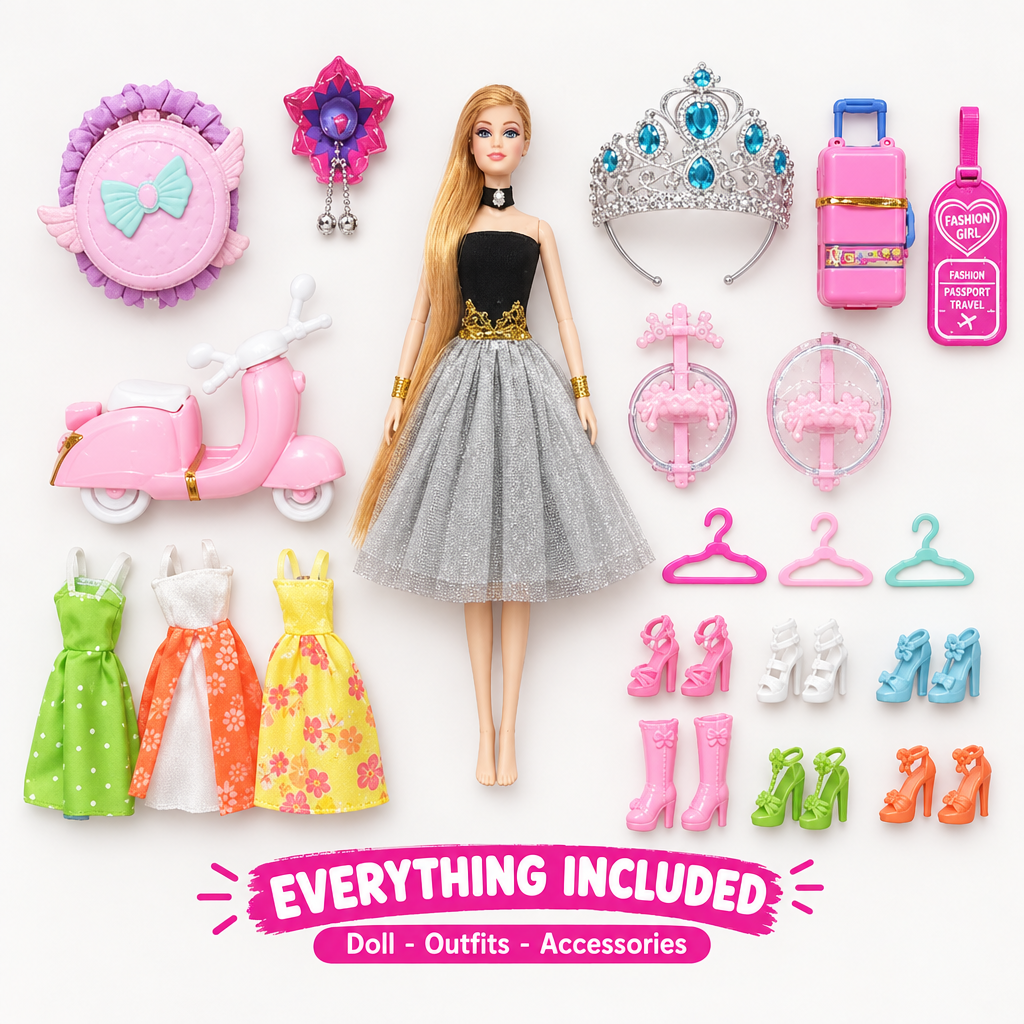 Fashion doll with 3 outfits and 5 accessories for girls