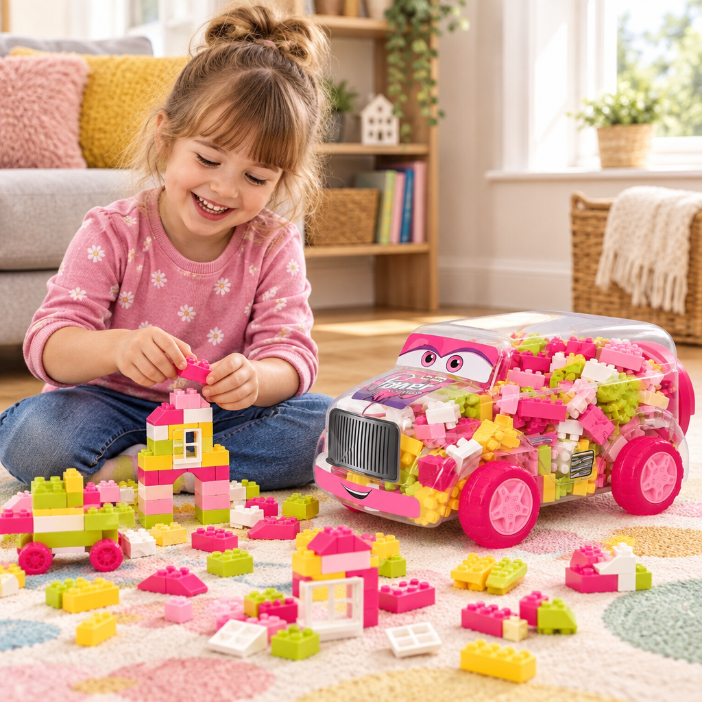 Child building with colourful construction blocks at home