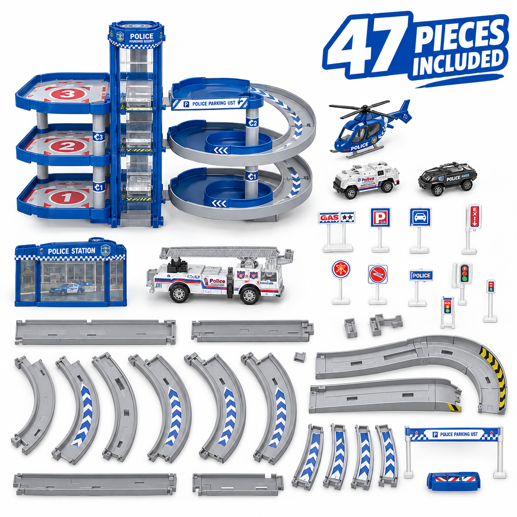 All 47 pieces of the police parking garage playset including cars, helicopter and garage accessories