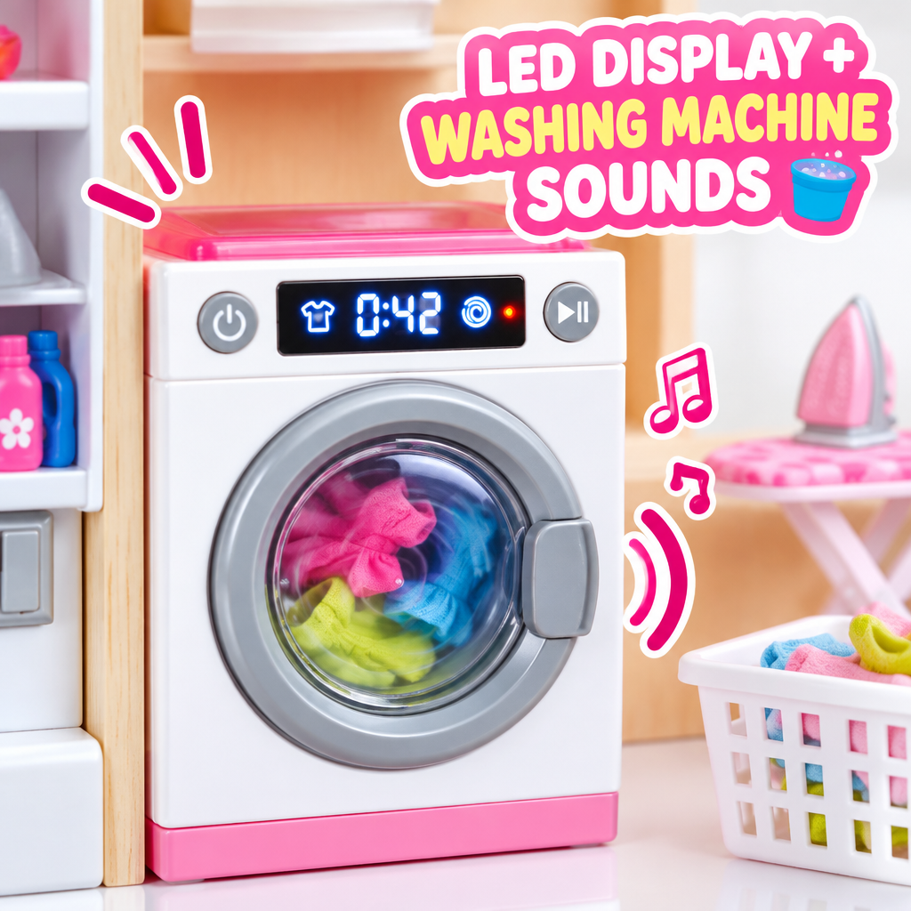 Dollhouse playset washing machine LED display close-up