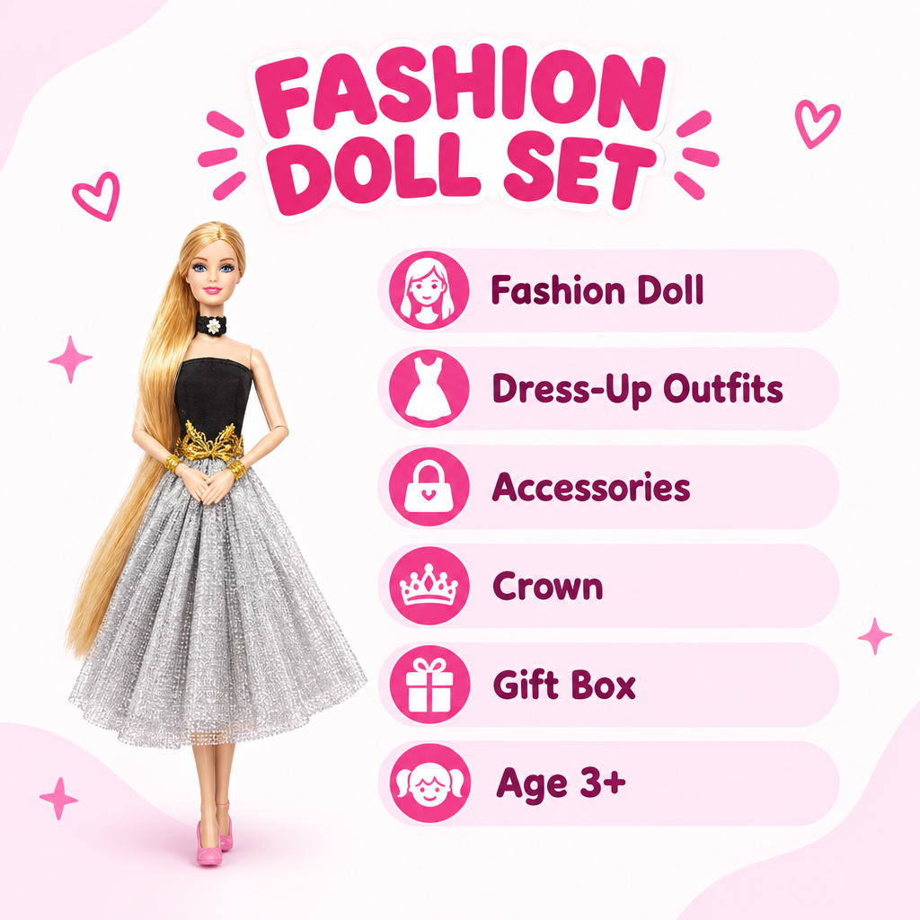 Fashion doll set with changeable clothes and accessories for girls age 3+