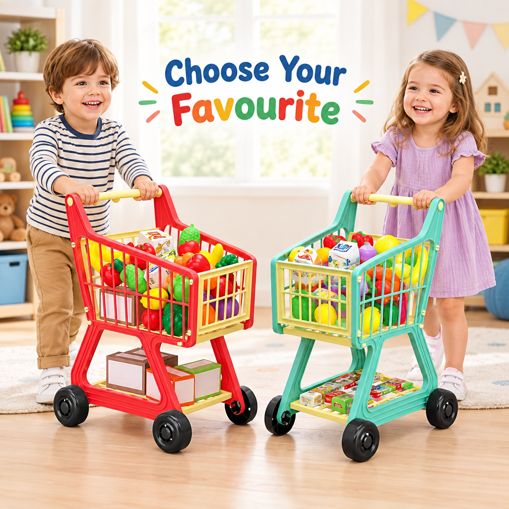 Red and green kids supermarket shopping cart playset with colour choice