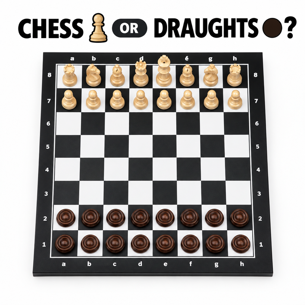 Chess pieces and draughts pieces side by side
