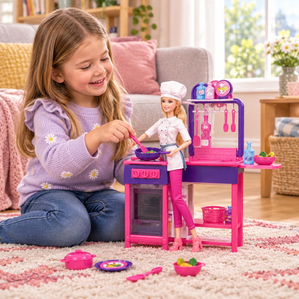Child playing with chef doll kitchen playset at home during pretend cooking