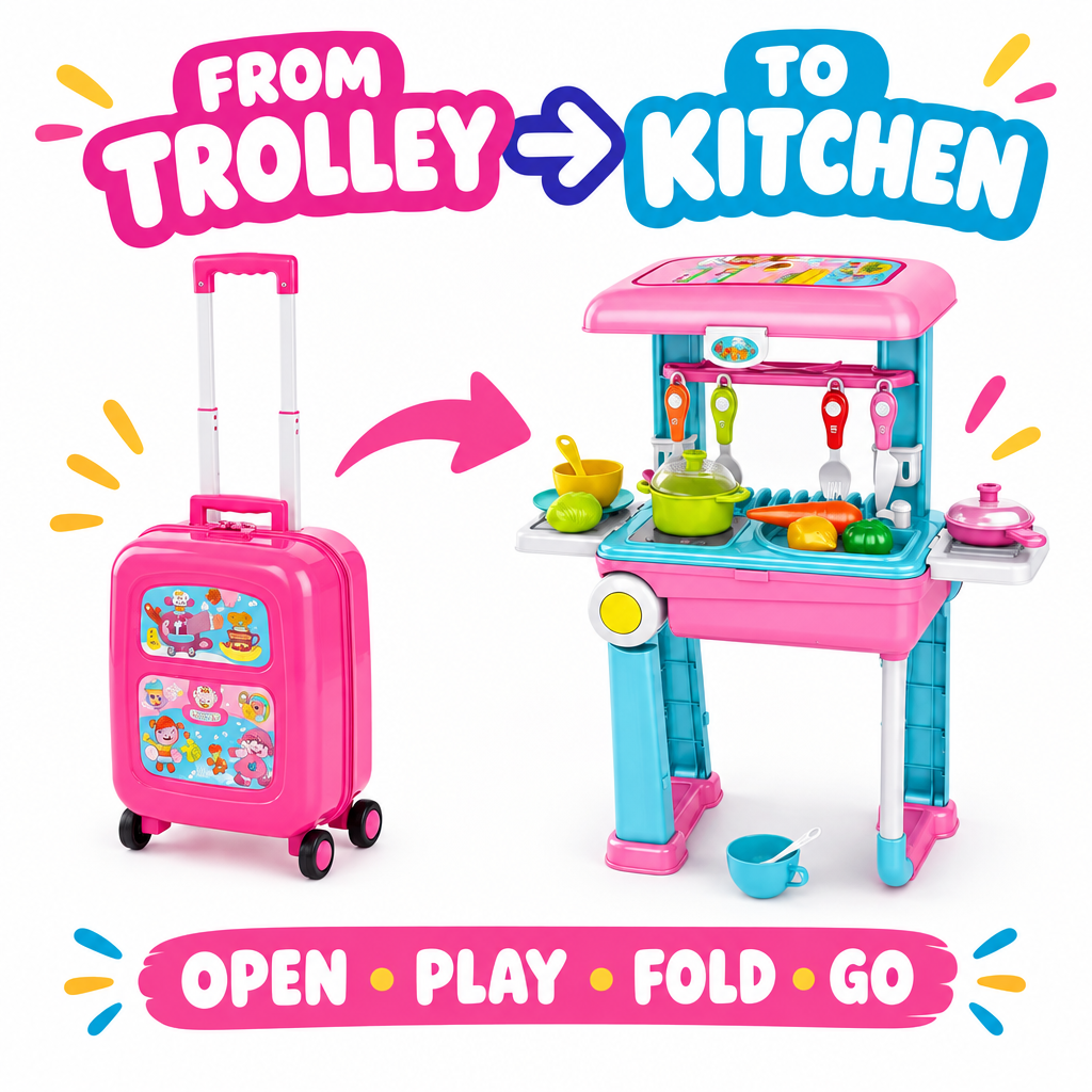 Kitchen trolley suitcase transformation into play kitchen