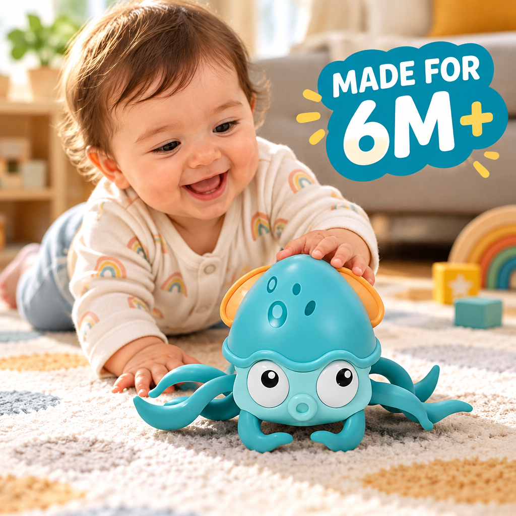 Baby playing with crawling octopus toy aged 6 months plus