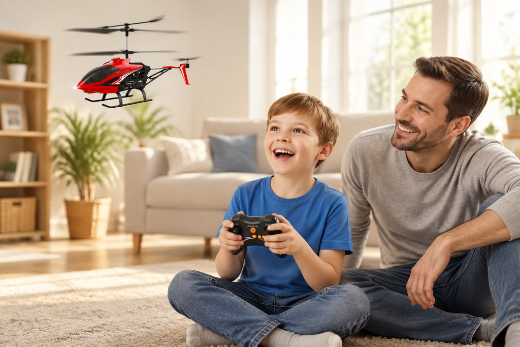 Child flying the RC infrared helicopter toy at home with family