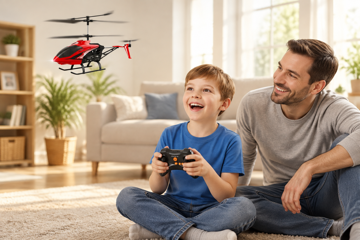 Child flying the RC infrared helicopter toy at home with family