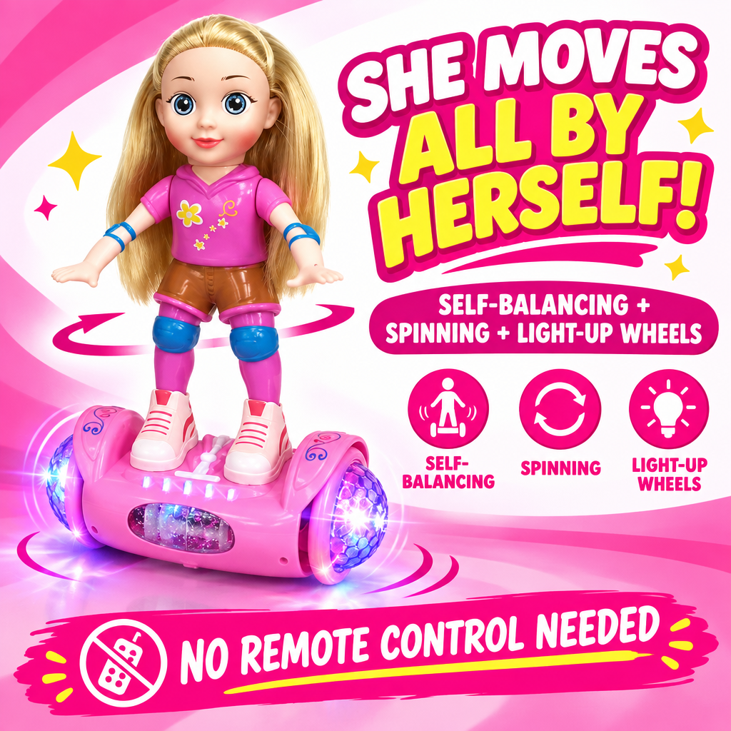 Self-balancing doll toy with LED wheels hero photo