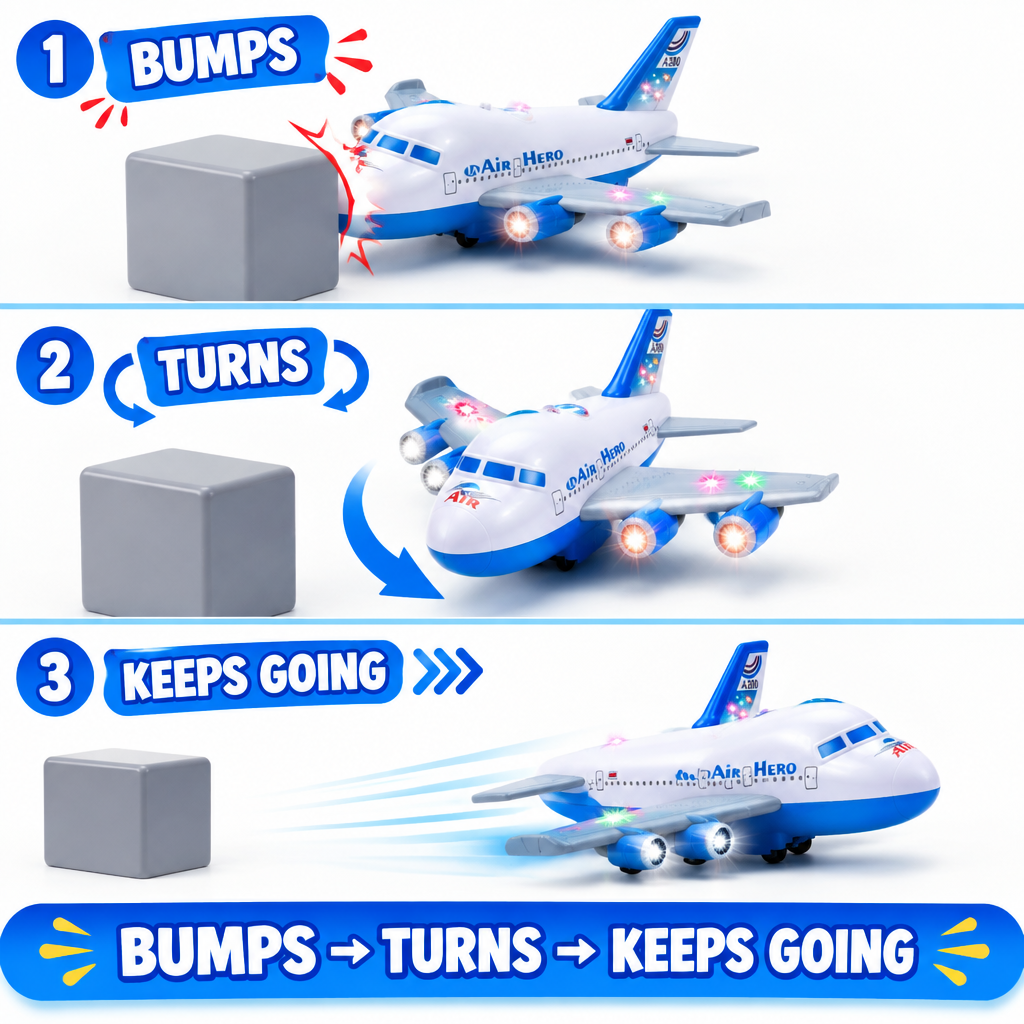 obstacle direction change）：Bump and go toy plane changing direction after hitting an obstacle