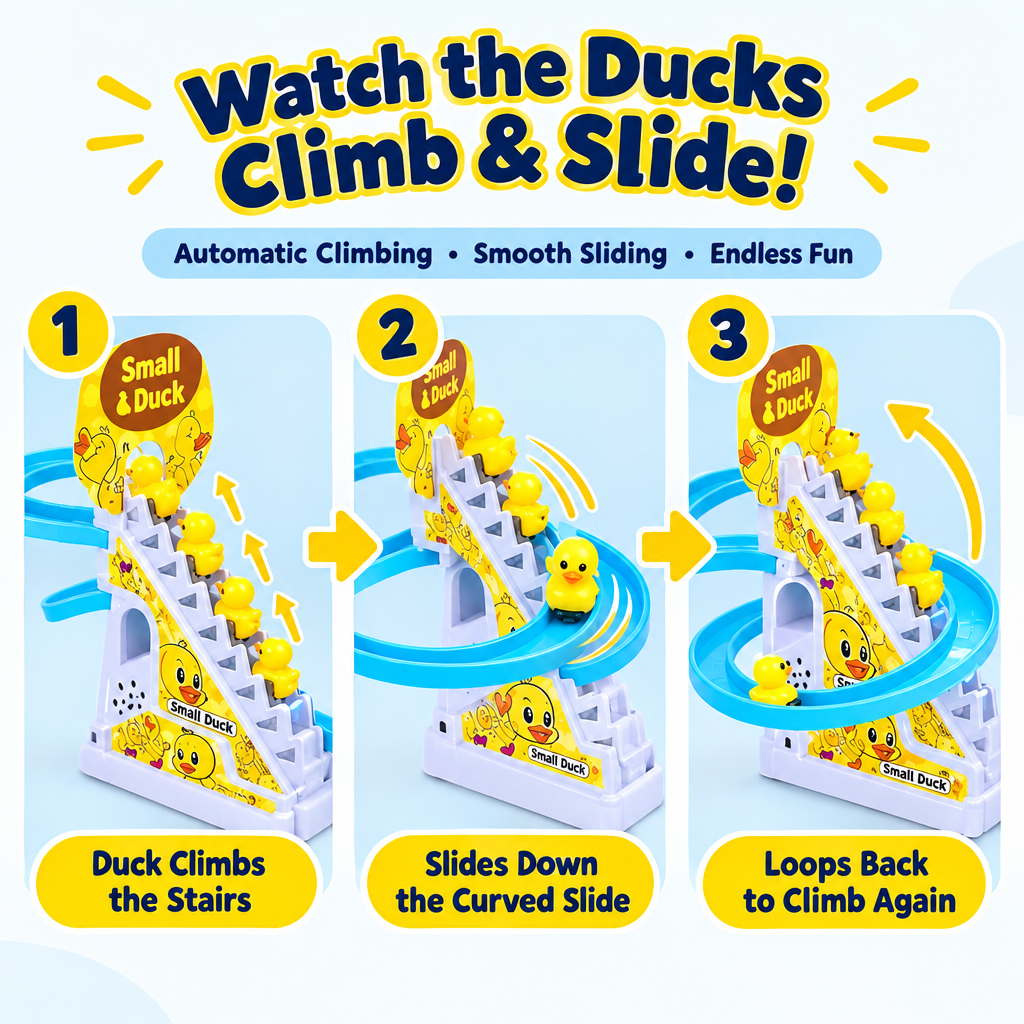 Duck climbing stairs and sliding down track toy in action
