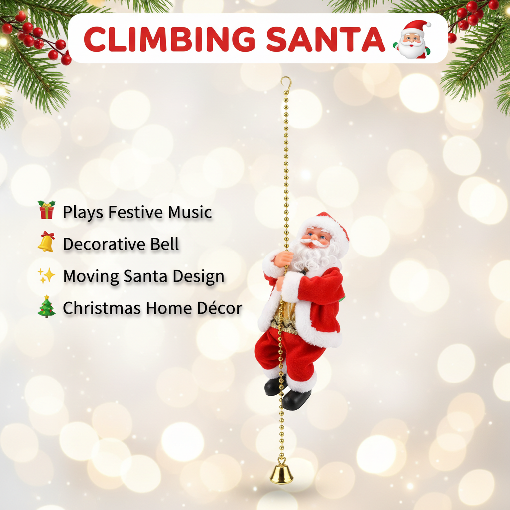 Climbing Santa Christmas decoration with festive music, gold bead chain and decorative bell