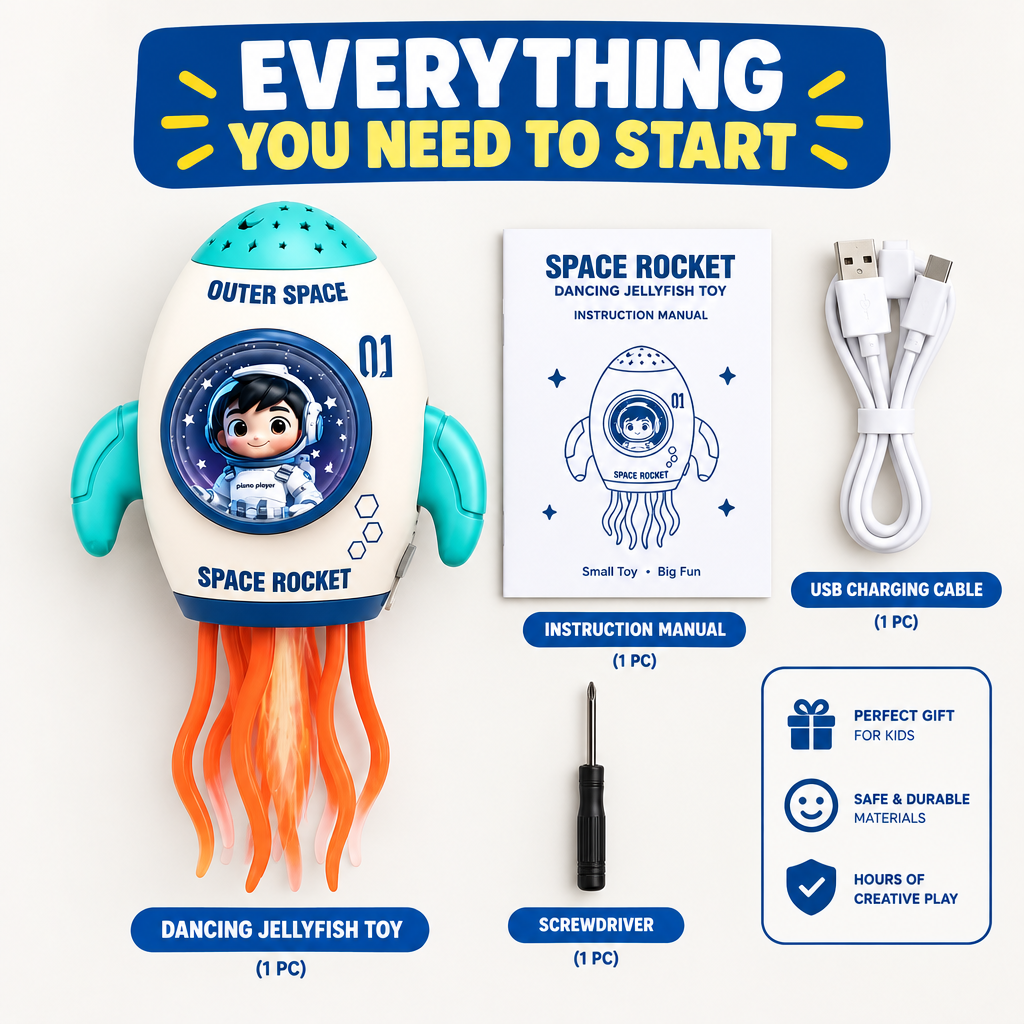 Dancing jellyfish toy and included accessories flat lay