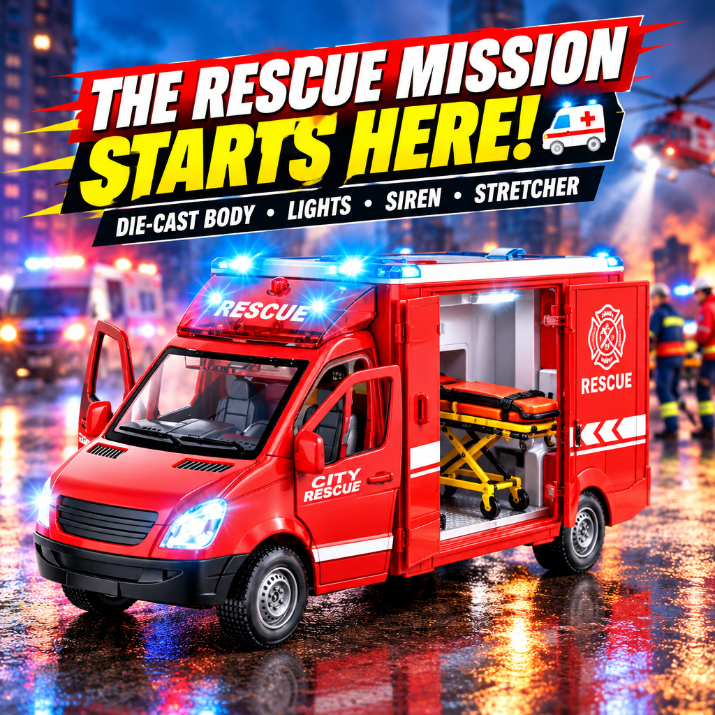 Die-cast ambulance toy hero with doors open and stretcher