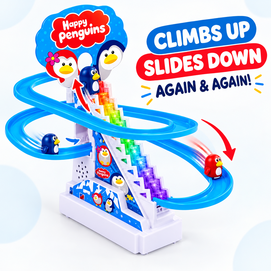 Penguin toy climbing colourful stairs