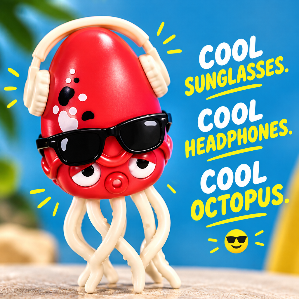 Dancing octopus toy character close-up with sunglasses and headphones