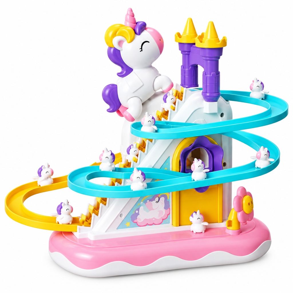 Unicorn Castle Slide double track toy white background main product image, enlarged