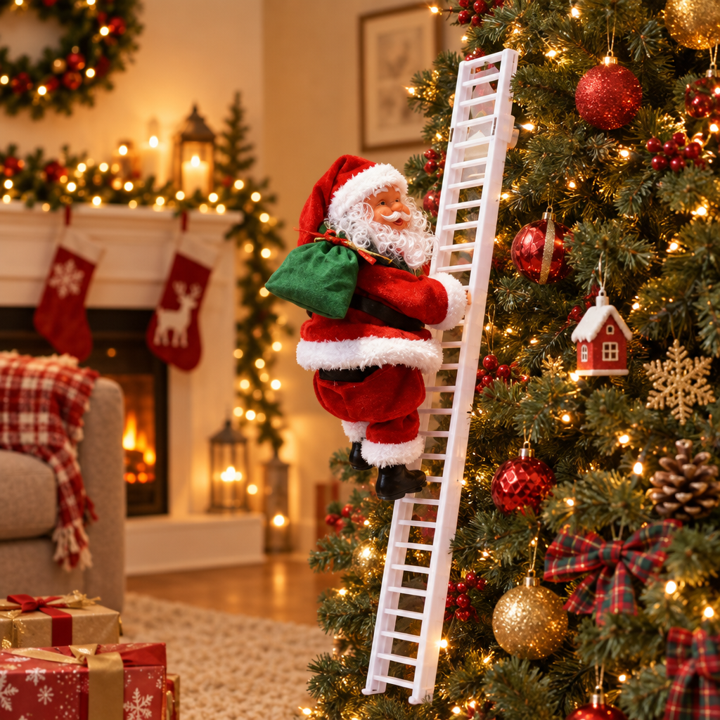 Electric climbing Santa decoration beside a decorated Christmas tree