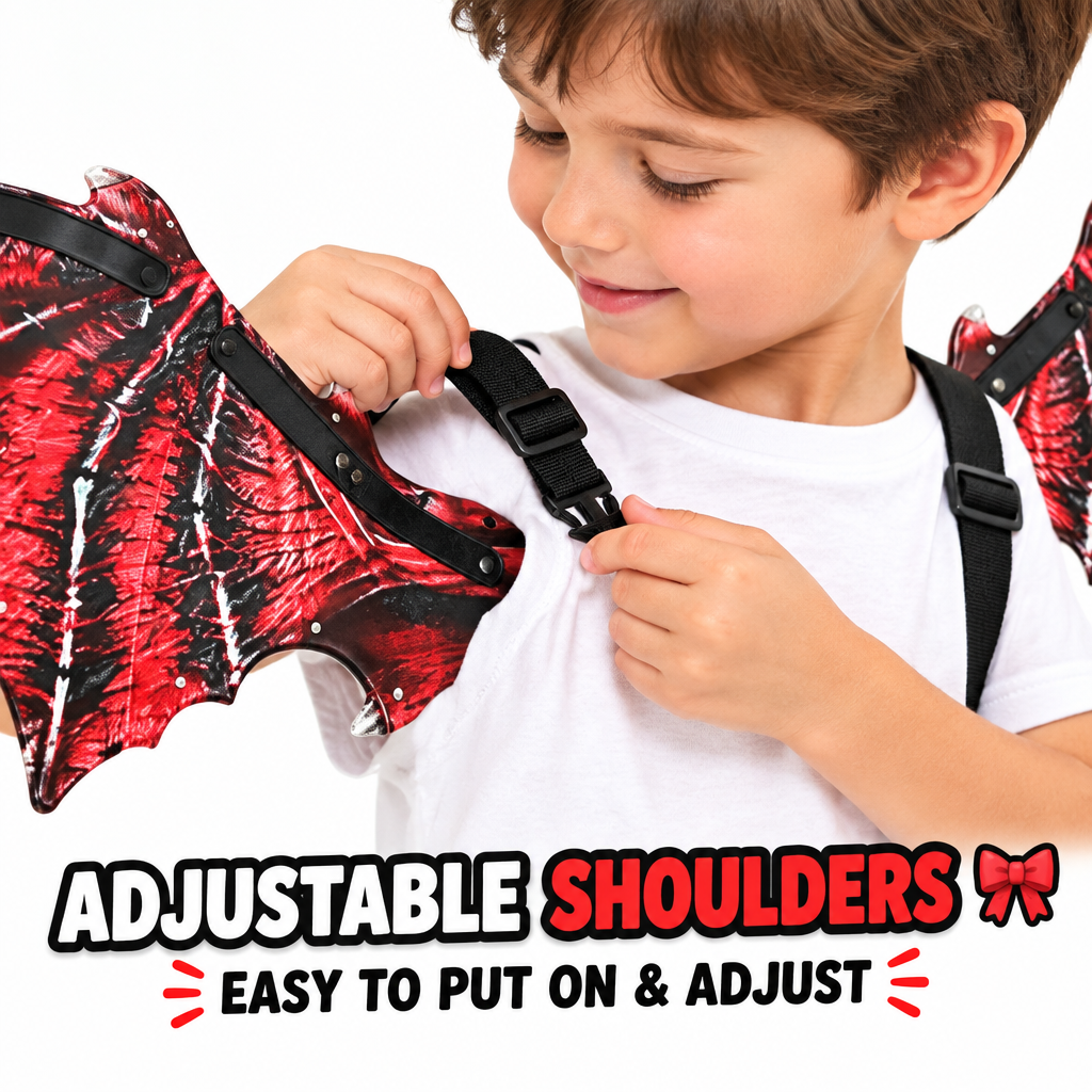 Child adjusting dinosaur wings shoulder straps