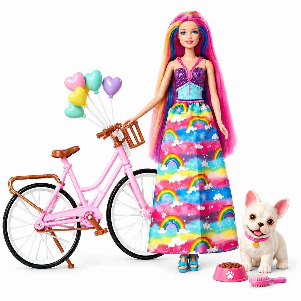Rainbow princess doll with pink bicycle, French Bulldog puppy and play accessories on a white background