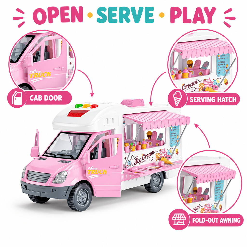 Pink ice cream van toy showing opening cab door serving hatch and fold-out awning