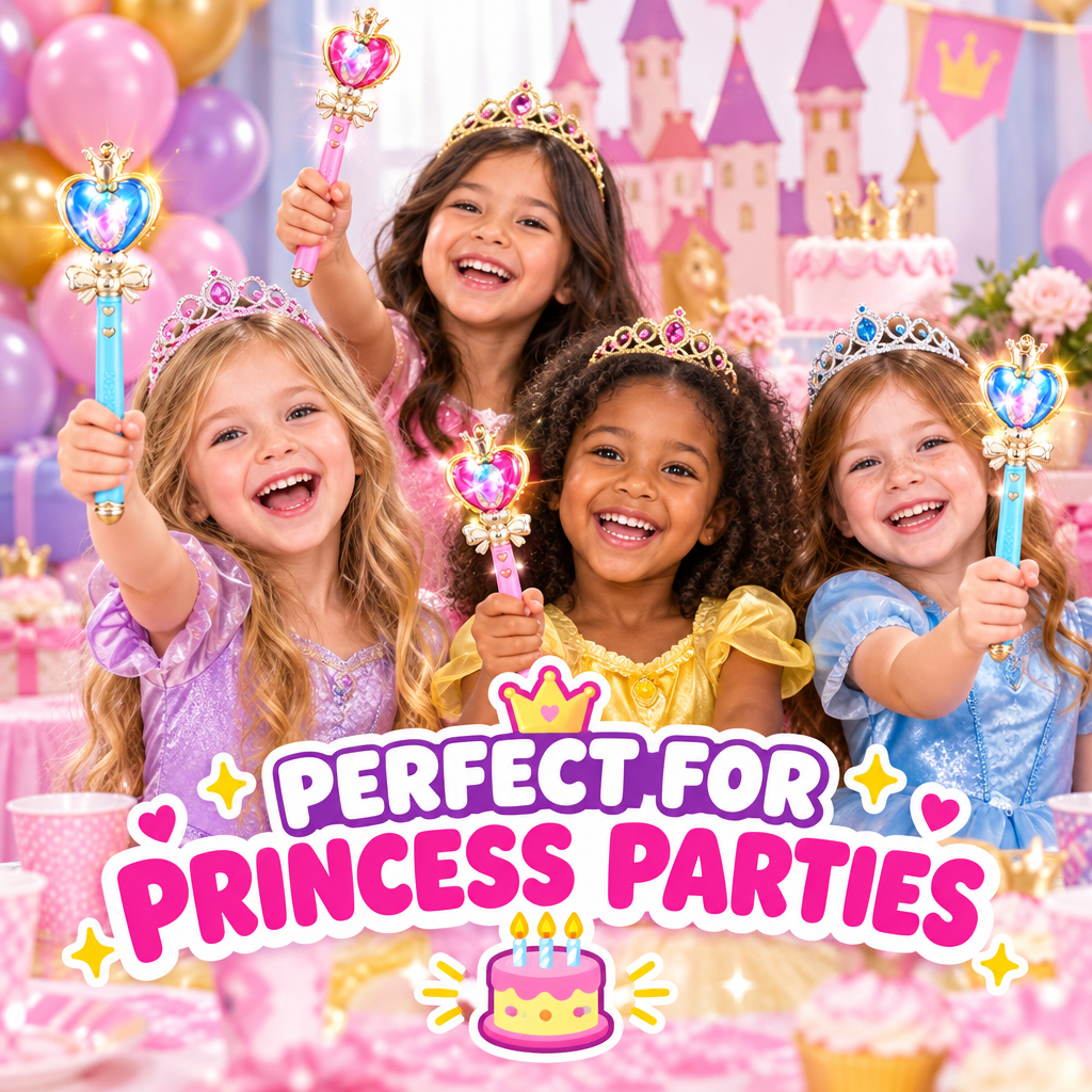 Children at princess birthday party with magic wands