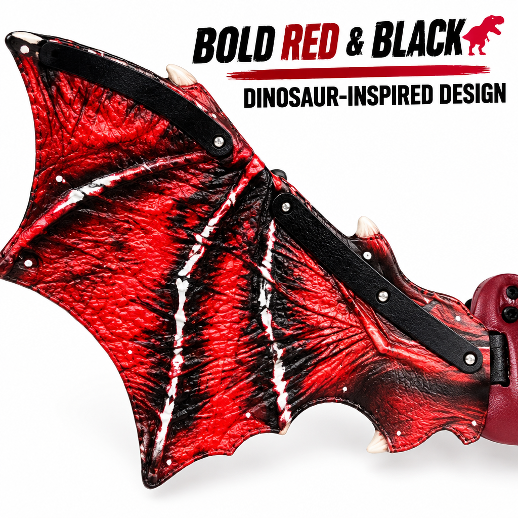 Red dinosaur wings design detail close-up