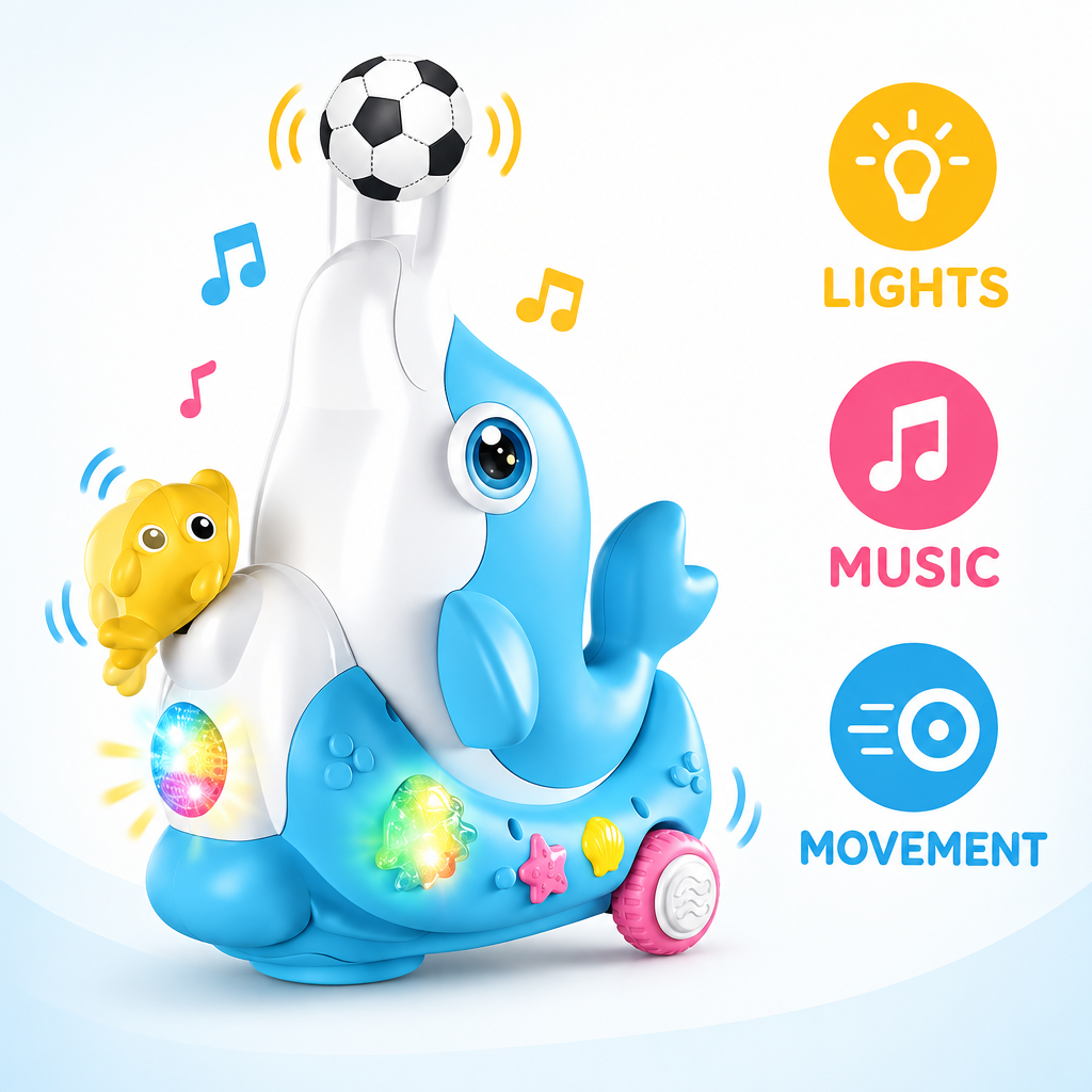 Interactive dolphin toy with colourful lights music and bump and go movement