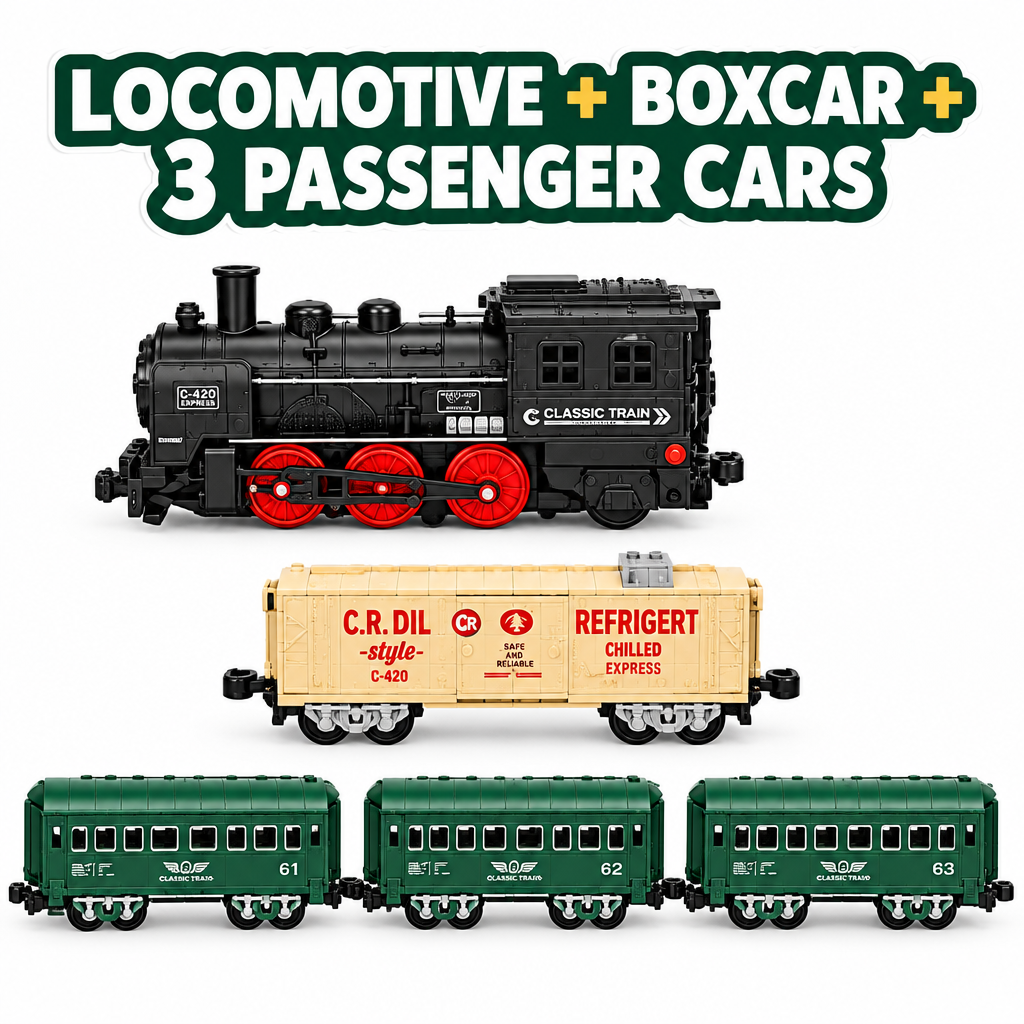 Electric train with locomotive, boxcar and three passenger cars