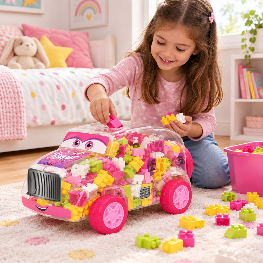 Child putting colourful building blocks back into wheeled car storage tub