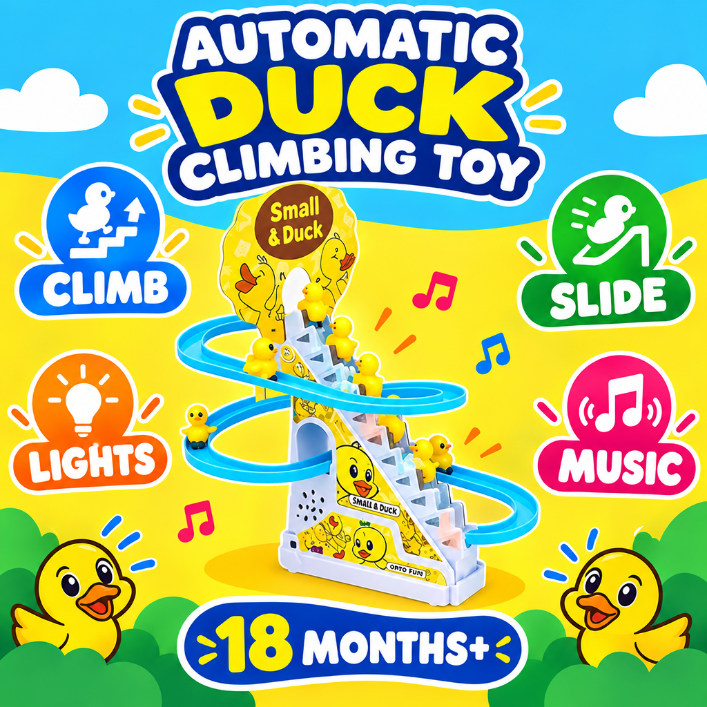 Automatic duck climbing toy features for toddlers age 18 months plus