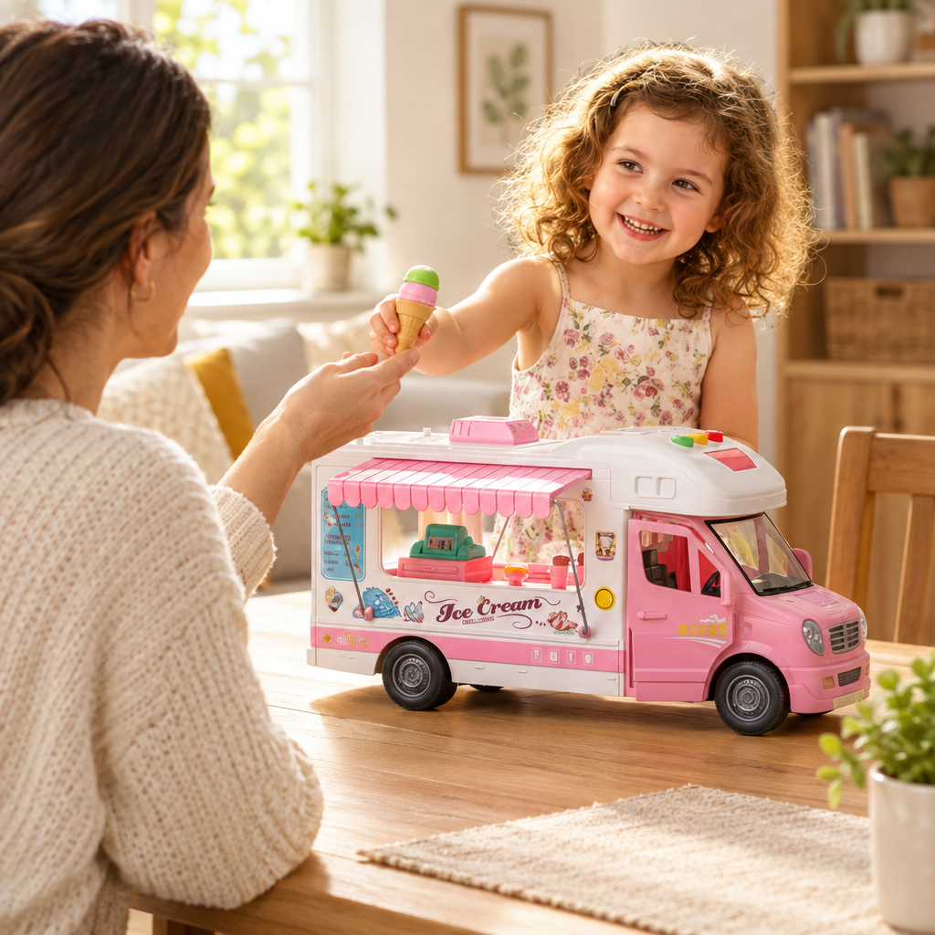 Child playing shopkeeper with pink ice cream van toy while an adult joins as customer