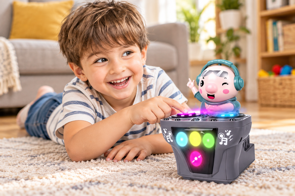 Child playing with DJ robot car toy at home