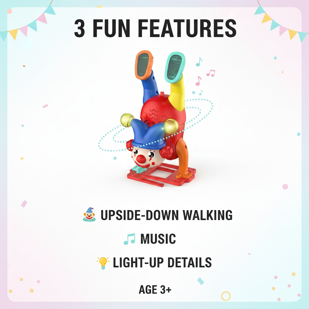 Upside-down walking clown toy feature guide showing walking action, lights, music and age 3 plus