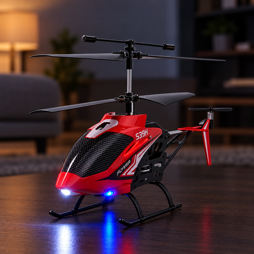 Red RC helicopter with illuminated LED lights indoors