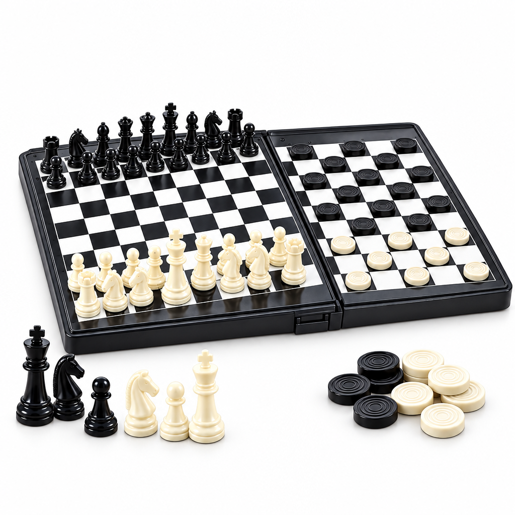 Open folding chessboard with chess pieces and draughts counters on a white background