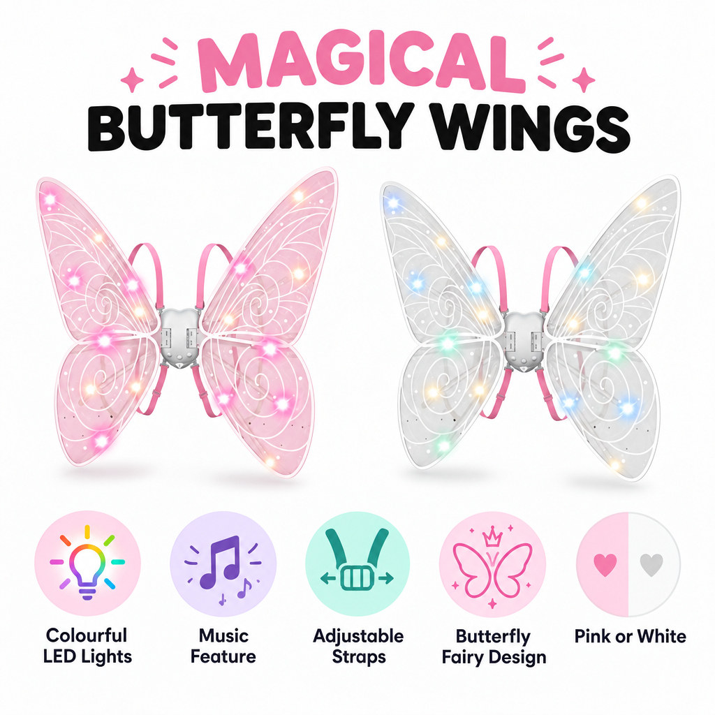 Magical butterfly wings features: colourful LED lights, music, adjustable straps, butterfly fairy design, pink or white
