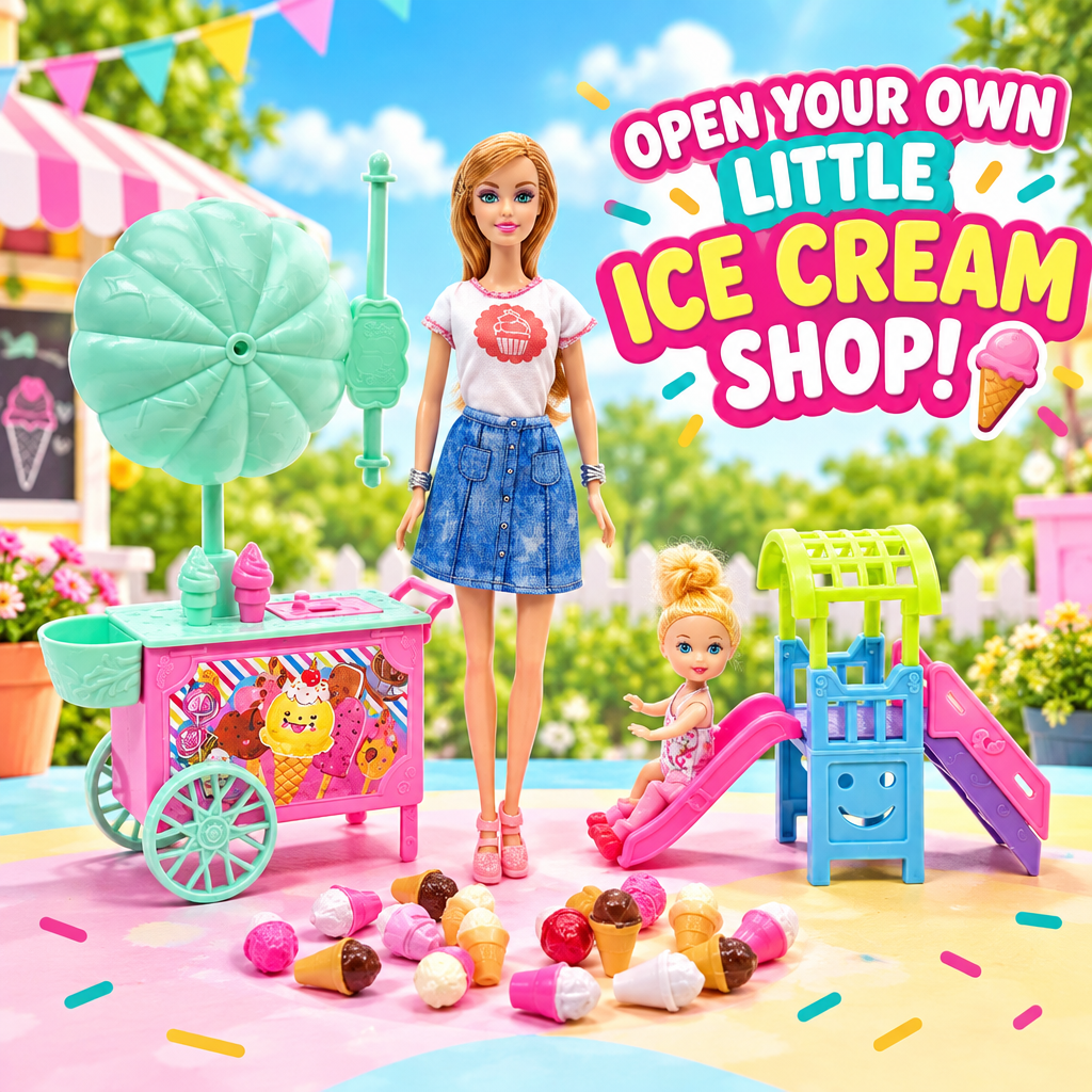 Ice Cream Cart Doll Playset hero with 2 dolls and cart