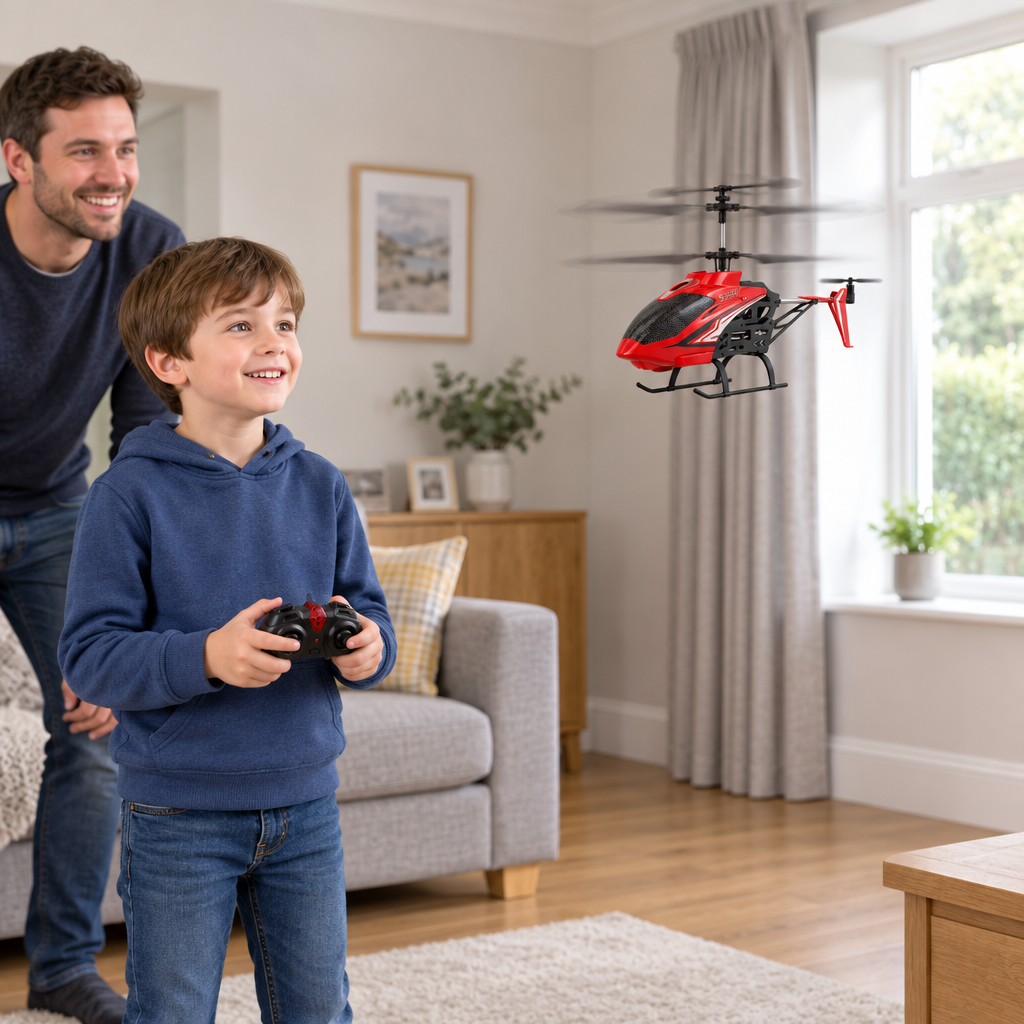 Child flying a red RC helicopter indoors with adult supervision