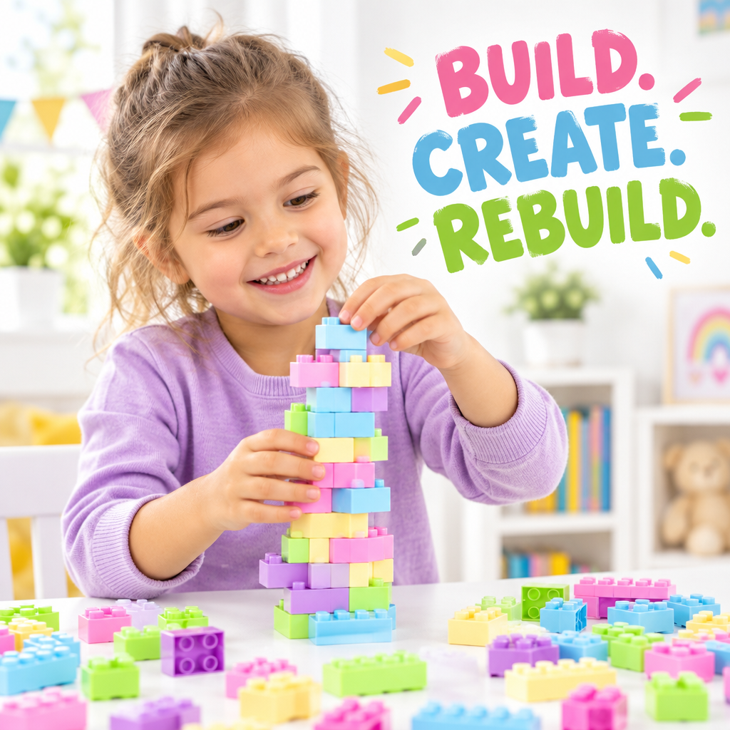 Child building tower with colourful building blocks