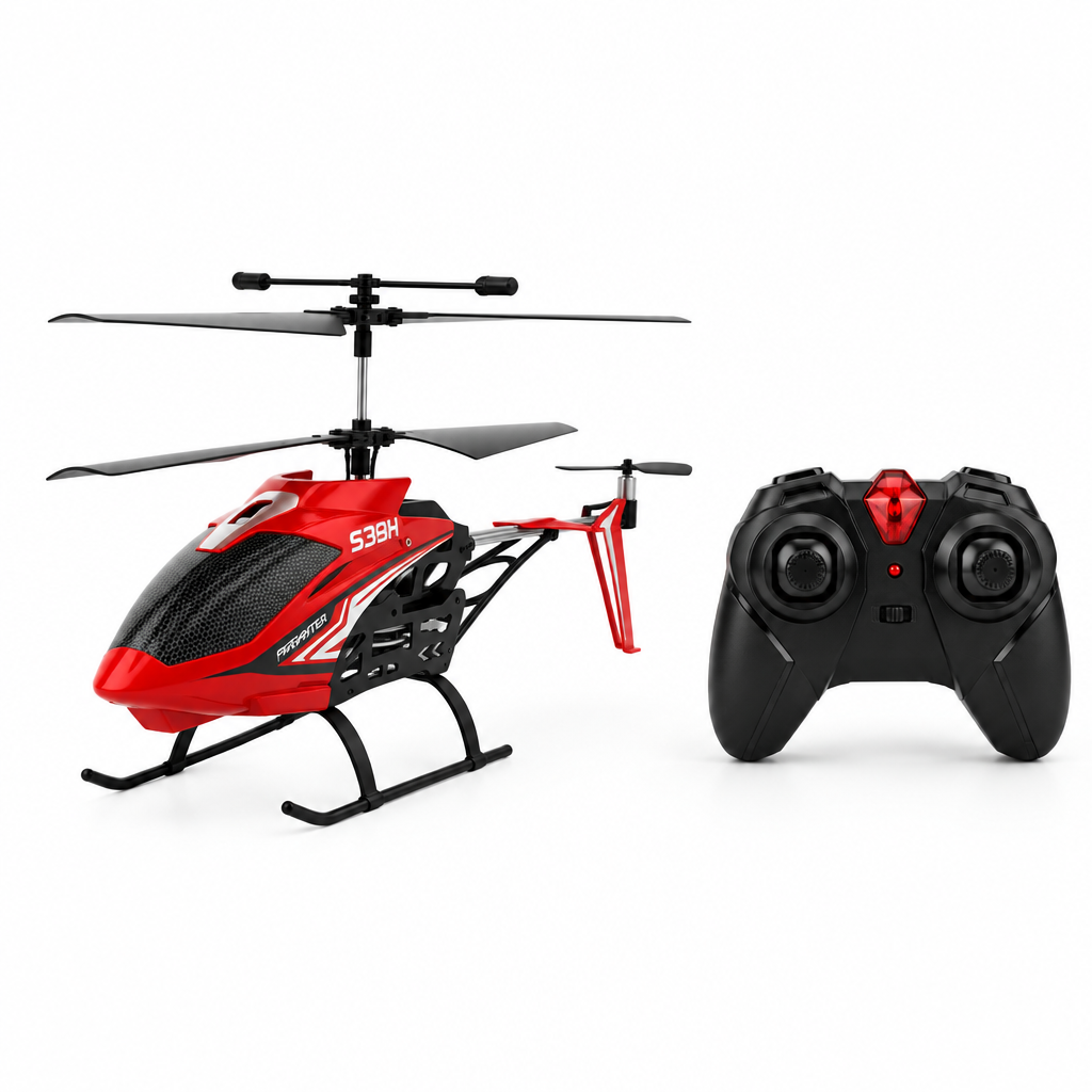Red RC helicopter with remote controller on white background