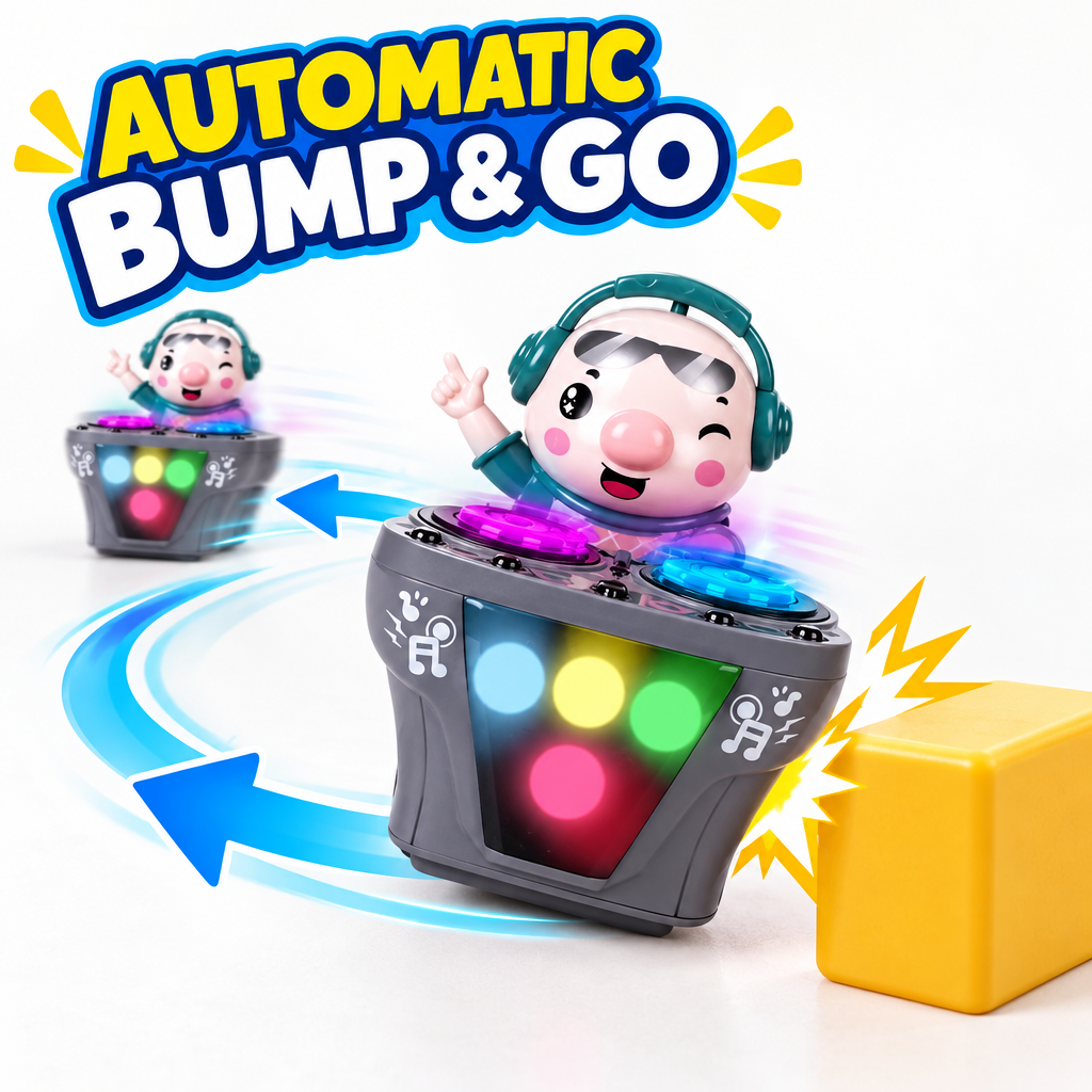 DJ robot car toy with automatic bump and go action