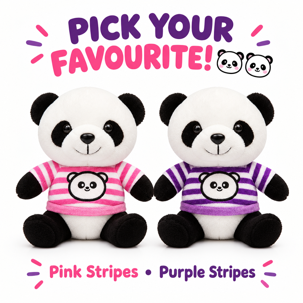 Two panda plush toys in pink and purple striped outfits