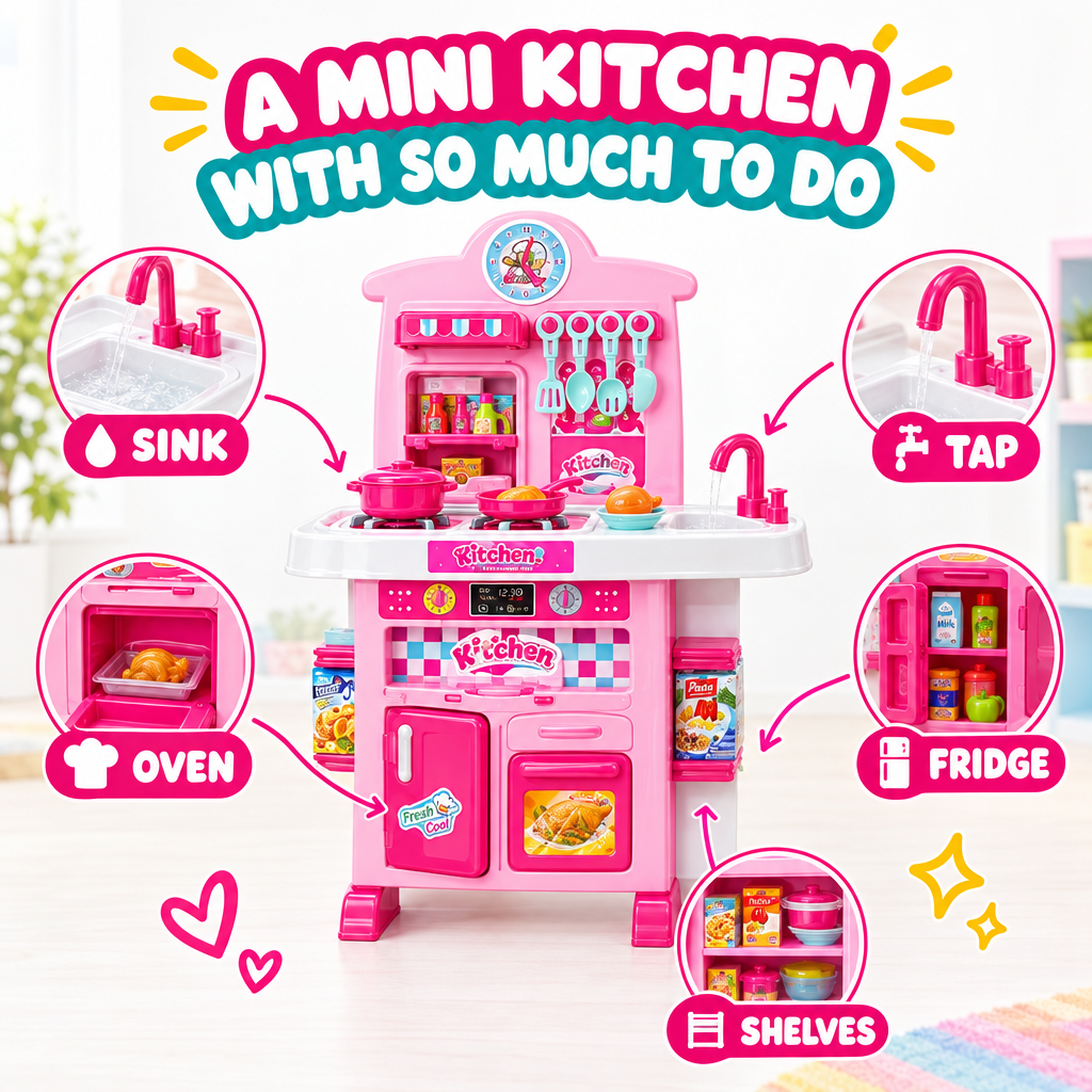 Kids kitchen playset sink tap oven fridge shelves