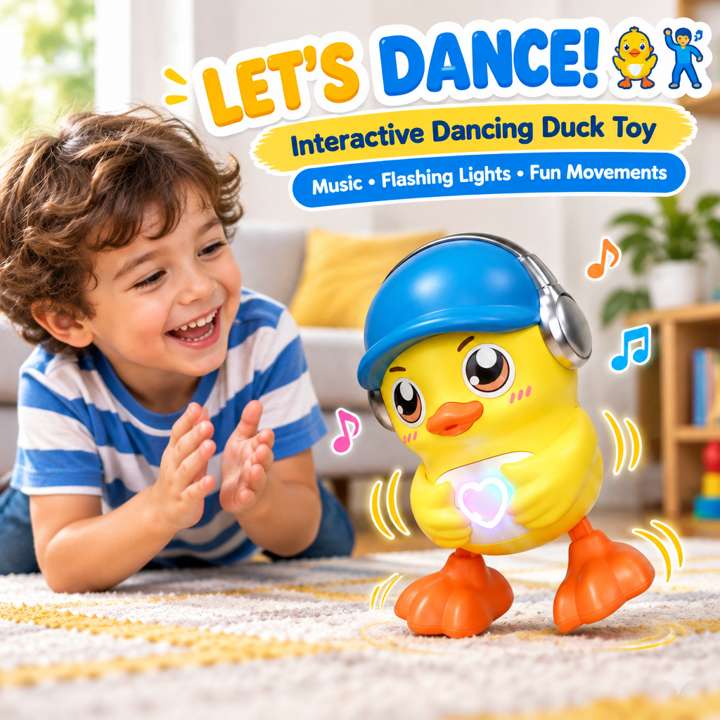 Interactive dancing duck toy hero photo with child